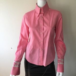 Andrea Becker pink herringbone cotton high collar neck tailored blouse